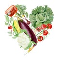Watercolor vegetable love hearts composition. Farmer`s market. Round composition of farm products Fresh organic food