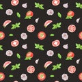 Watercolor vegetable seamless pattern on brown background. Garlic, basil leaf, tomato.