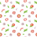 Watercolor vegetable seamless pattern on white background. Garlic, basil leaf, tomato. Royalty Free Stock Photo