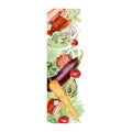 Watercolor vegetables border with carrots, eggplant, tomato, onion, cabbage. Hand painted vegetarian banner for eco food menu