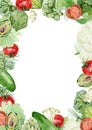 Watercolor vegetables frame border with cabbage, cucumber, tomato