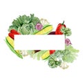 Watercolor vegetables frame border with corn, bell pepper, cabbage, eggplant. Hand painted vegetarian banner