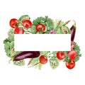 Watercolor vegetables frame border with eggplant, tomato, asparagus, cabbage. Hand painted vegetarian banner for eco food menu