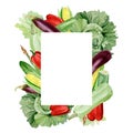 Watercolor vegetables frame border with zucchini, eggplant, cabbage, asparagus, corn. Hand painted vegetarian banner