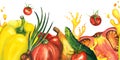 Watercolor vegetables seamless horizontal border with tomatos, cucumber, onion, bell paper, paprica, juicy splash. Hand
