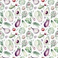 Watercolor vegetables seamless pattern of fresh artichoke , bell pepper and avocado veggies . eggplate, leek and Royalty Free Stock Photo