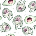 Watercolor vegetables seamless pattern of fresh avocado and artichoke. Fabric vegetarian nature background illustration