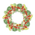 Watercolor vegetables wreath border cabbage, corn, tomato, eggplant, onion. Hand painted vegetarian banner for eco food