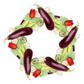 Watercolor vegetables wreath border eggplant, corn, pepper, cabbage. Hand painted vegetarian banner for eco food menu