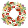 Watercolor vegetables wreath border radish, pepper, tomato, cabbage, carrot, onion. Hand painted vegetarian banner for eco food