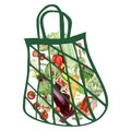 Watercolor vegetables in zero waste string shopper bags. Vegan green eco dairy food in reusable eco friendly shopper bag.