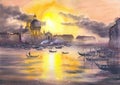 Watercolor Venice with gondolas and palaces at sunset