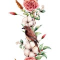 Watercolor vertical border with bird and flowers. Hand painted tree border, cotton, branch, dahlia, berries and leaves