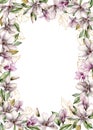 Watercolor vertical border with magnolias, leaves and buds. Hand painted floral frame with flowers isolated on white