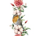 Watercolor vertical border with robin and flowers. Hand painted tree border, cotton, branch, dahlia, berries and leaves