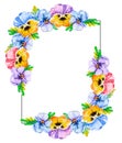 Watercolor vertical floral frame background with bouquets viola pansies. Flower frame with blank center for custom text. For