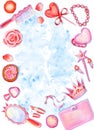 Watercolor vertical frame composition with little princess accessories on blue splattered background