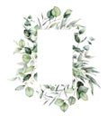 Watercolor vertical frame of eucalyptus branches, seeds and leaves. Hand painted card of silver dollar plants isolated