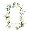 Watercolor vertical gold frame of eucalyptus branches, seeds and leaves. Hand painted card of plants isolated on white