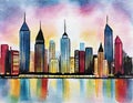 Watercolor of very cool modern city night view Royalty Free Stock Photo