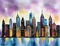 Watercolor of very cool modern city night view Royalty Free Stock Photo