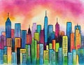 Watercolor of A vibrant city skyline at sunset