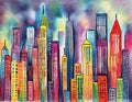 Watercolor of vibrant cityscape at night with tall