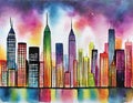 Watercolor of vibrant cityscape at night with tall