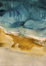 Watercolor vibrant painting seashore from above, with turquoise sea waters and wet ochre sand meet in the center