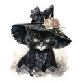 Watercolor Victorian witch cat in black hat. Black cat. Happy Halloween. Cute vintage black kitten in a halloween hat Royalty Free Stock Photo