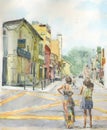 Watercolor view in ancient downtown