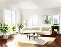 Watercolor of View of living room with white