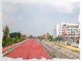 Watercolor of view near railway in Ladkrabang, Bangkok, Thailand Royalty Free Stock Photo