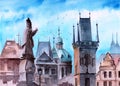 Watercolor view of Prague under the bright blue sky