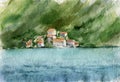 Watercolor view of the town on the coast, town of montenegro in mountain