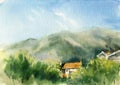 Watercolor view of the town of montenegro in mountain, blue sky and ginger roof