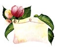 Watercolor vignette with rose and leaves.