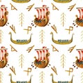 Watercolor viking drakkars and runes seamless pattern Royalty Free Stock Photo