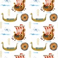 Watercolor viking drakkars seamless pattern