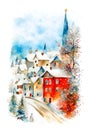 Watercolor village and Christmas minimalistic card with houses and snow.