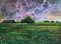 Watercolor village landscape painting with forest, lightning flare in clouds , houses, green meadows, trees, grass, flowers art Royalty Free Stock Photo