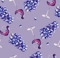 Watercolor pattern with glass of vine and grape