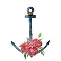 Watercolor vintage anchor with rope and peony flower. Hand painted nautical illustration with floral decor isolated on
