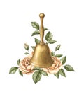 Watercolor vintage golden brass hand bell and roses
