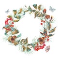 Watercolor vintage autumn wreath with branches of rowan, spruce,