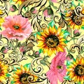 Watercolor vintage background. Sunflowers with red poppies.