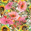 Watercolor vintage background. Sunflowers with red poppies.