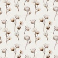 Watercolor vintage background with twigs and cotton flowers boho decoration. Softness Botanical watercolour seamless pattern