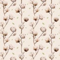 Watercolor vintage background with twigs and cotton flowers boho decoration. Softness Botanical watercolour seamless pattern Royalty Free Stock Photo