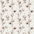 Watercolor vintage background with twigs and cotton flowers boho decoration. Softness Botanical watercolour seamless pattern Royalty Free Stock Photo